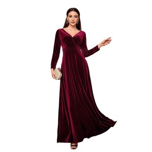 Abito da donna elegante in <span class=keywords><strong>velluto</strong></span> con collo a V a <span class=keywords><strong>maniche</strong></span> <span class=keywords><strong>lunghe</strong></span> stringe vita abito da sera per banchetti autunno inverno - Product Image 6