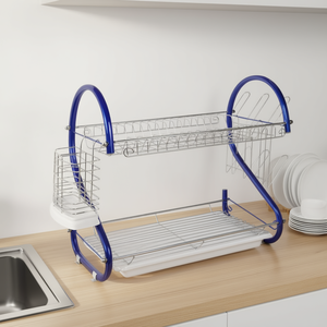 Étagère à vaisselle en forme de S de 22 pouces avec placage chromé à 2 niveaux bleu pour le rangement de la cuisine - Product Image 2
