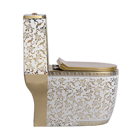 WC monobloc moderne en céramique vitrifiée, finition dorée royale à motif floral, à chasse d'eau à jet siphonique, avec jupe décorative, économie d'eau et double chasse