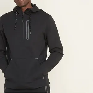 MS siyah hoodies erkekler yarım zip gevşek fit hip hop erkek aktif hoodies fermuarlı cepler ile