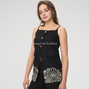 Ensemble en lin sur mesure pour femmes OEM, pantalon droit pour femmes d'affaires, haut court en lin sans manches à col carré, ensemble deux pièces - Product Image 5