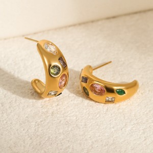 Boucles d'oreilles fantaisie pour femmes, forme en C, bijoux imperméables, acier inoxydable, strass, zircone, boucles d'oreilles à clip, huggies - Product Image 3