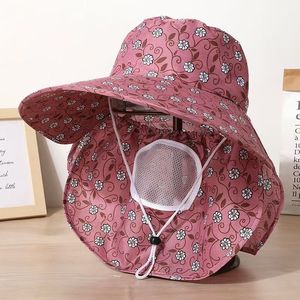 Chapeau de soleil d'été à large bord pour femme, rose à motifs floraux, avec protection de nuque, en maille respirante, pliable, pour la cueillette du thé - Product Image 4