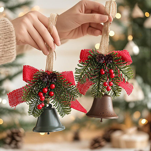 بافو ديكور عيد الميلاد أجراس عيد الميلاد الحلي المعلقات المعدنية مع فرع الصنوبر الأحمر المخاريط تصميم القوس أبواب عيد الميلاد الجرس - Product Image 2