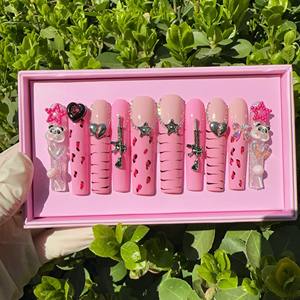 <span class=keywords><strong>Ongles</strong></span> artificiels de luxe à marque privée en ABS, forme cercueil super longue, style stiletto, faits à la main, à presser, couvrance totale, design français - Product Image 2