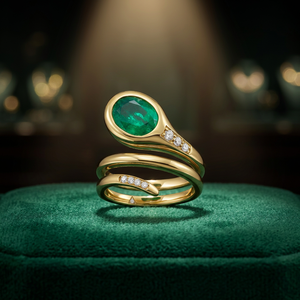 Elegant Women's Gold-Plated Spiral <b>Ring</b> with Oval Green Gemstone and Cubic Zirconia Accents Modern <b>Statement</b> Jewelry - Product Image 2