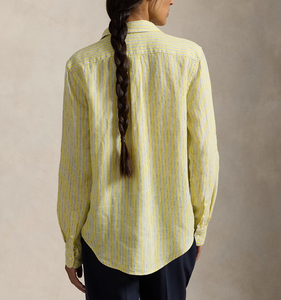 Custom Logo Women's Yellow Vertical Striped Linen Blend Oversized Long Sleeve Summer Shirt - Product Image 2