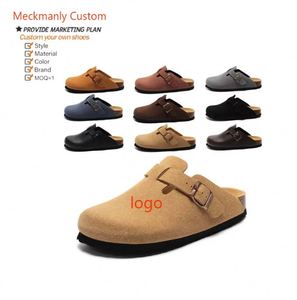 รองเท้าแตะคอร์กสำหรับผู้ชายและผู้หญิง, รองเท้าแตะหนังสุดหรู, หนังวัว, ขนสัตว์, ลายปัก, พื้นรองเท้าคอร์ก, รองรับอุ้งเท้า - Product Image 1