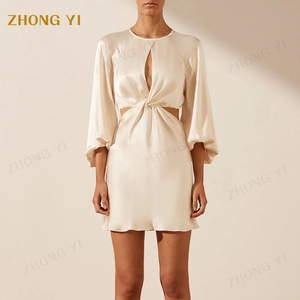 2024 femmes chaudes personnalisé été torsion avant découpé Mini robe O cou soyeux Satin ballon manches Non extensible tissé Mini jupe - Product Image 1