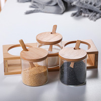 Pot d'assaisonnement en bois de bambou transparent de style japonais Boîte de rangement de cuisine anti-poussière pour sucre, sel et épices
