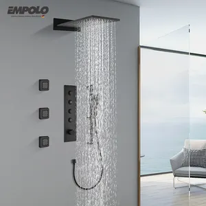 Empolo luxury matte black 4 way concealed thermostatic control shower brass hotel bathroom concealed bath & shower mixer set