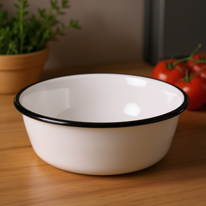 Bol en émail KARL KRGER blanc avec bord noir, plat de service de 10 pouces - Product Image 3