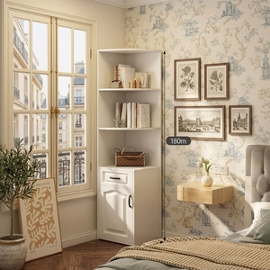 Mueble Esquinero Triangular de Diseño Vintage con Estantes Abiertos de Varios Niveles y Cajón con Puerta de Panel Elevado, Librería Esquinera que Ahorra Espacio - Product Image 1