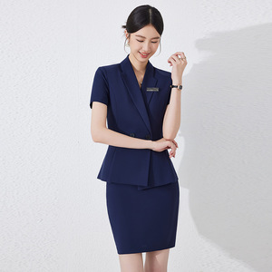 Pink Suit Set Women Short Sleeve Notched Collar Summer Office Lady Formal <b>Work</b> Uniform Anti-Wrinkle Worsted Fabric - Product Image 2