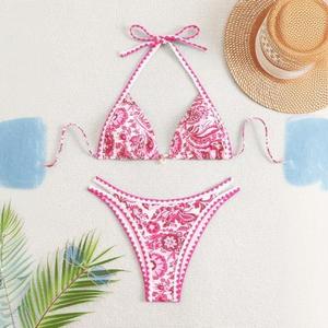 Blue and white porcelain floral print sports <b>bikini</b> backless swimsuit <b>set</b> - Product Image 2
