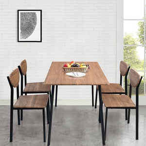 <b>Brown</b> rectangular dining <b>table</b> and chair set with crescent-shaped backrest, suitable for rental, home, and small apartments. - Product Image 2