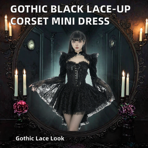 Robe corset gothique noire Lolita avec dentelle, corsage à lacets, taille haute, mini-robe pour soirée décontractée - Product Image 2