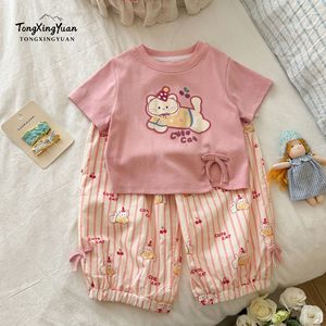 TongXingYuan Girls Summer Outfit Set Pink Cotton T-Shirt Striped Pants Cute Cat Print Two Piece Set - Product Image 1
