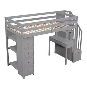 Twin Size Wooden Loft Bed with Storage Drawers <b>Desk</b> and Stairs Gray <b>Shelves</b> for Kids - Product Image 4