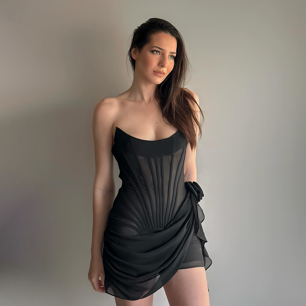 black chiffon mesh corset flower drape mini dress Naomi Lace Draped Mini Dress Black / XS