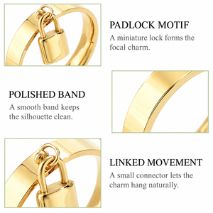 Gold Tone Padlock <b>Charm</b> Ring Polished Band with Dangle Lock Pendant Modern Statement Jewelry - Product Image 2