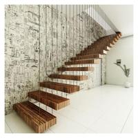 Escalier flottant cantilever d'intérieur avec support invisible, marches en bois massif et garde-corps en verre, sur mesure pour villa et usage domestique