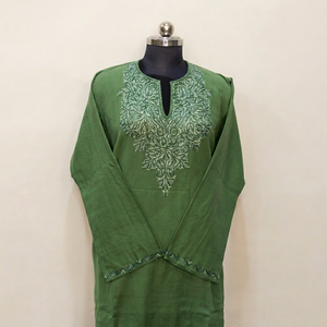 Green Embroidered Cotton Indian Traditional Wear <b>Kurta</b> <b>Men</b> V Neck Full Sleeve Ethnic Top Casual Festival Wear - Product Image 1