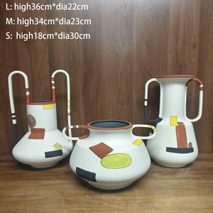 <span class=keywords><strong>Set</strong></span> di 3 Vasi in Ceramica Bianca Opaca con Motivi Geometrici Colorati e Manici, Vaso Decorativo da Tavolo per Fiori - Product Image 5