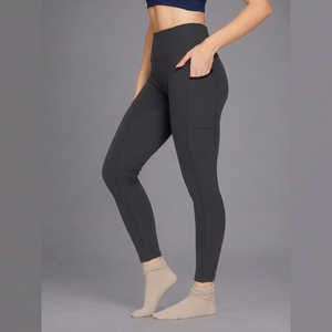 Women's Dark Grey Ankle Length Sports Leggings with Mobile Pocket Solid Lycra Active Wear Tights for <b>Yoga</b> Gym Running Fitness - Product Image 1