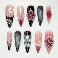 Lot de 10 faux ongles amovibles en ABS, motif floral 3D, style français, faits à la main, longs, forme Stiletto, à presser