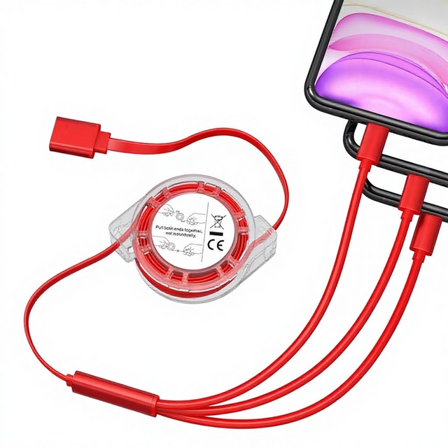 1.2M Red Eco-Friendly 3-in-1 3A Quick Charging Type-C Retractable Cable for Computers Mobile Phones Camera