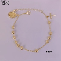 Pulsera Elegante para Mujer con Dijes de Guadalupe y Cruz, Chapada en Oro Tricolor de 18K, con Cuentas de 4mm y Halo de Circonitas, Joyería Católica Ajustable