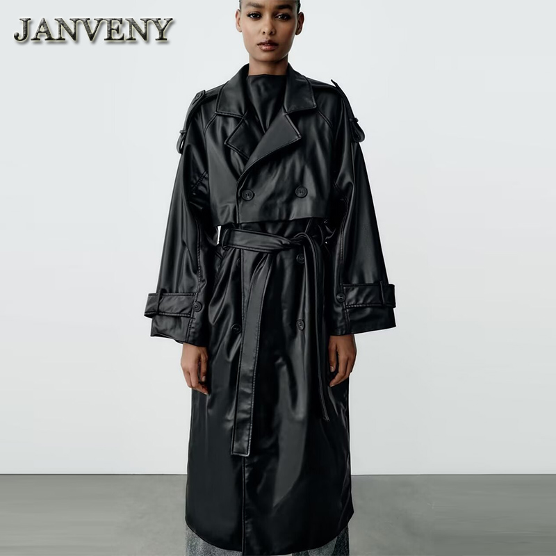 Trench-coat Femme En Simili Cuir PU Long - Manteau élégant Manches Longues - Style Trench Classique