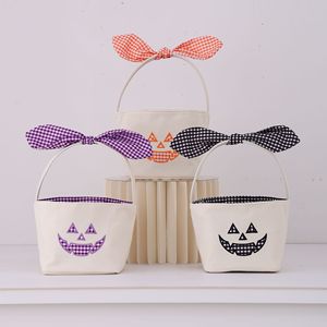Bolsa de lona con forma de calabaza de Halloween disponible en 5 colores, con lazo y forro a cuadros, reutilizable, para niños. - Product Image 1