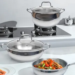 3 lớp thép không gỉ không dính Lớp phủ ngoài trời cắm trại nấu ăn nồi nhà bếp không dính Cookware Set đồ nấu nướng