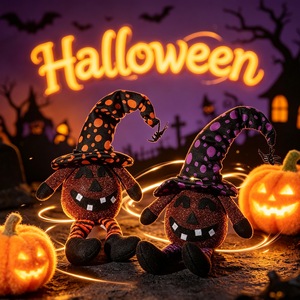 En gros, Décoration d'Halloween : Poupée gnome citrouille LED lumineuse, avec chapeau de sorcière et araignée, ornement en peluche gnome sans visage assis - Product Image 2