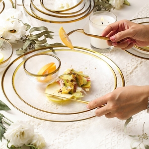 <span class=keywords><strong>Assiette</strong></span> ronde en verre transparent écologique HYC-PL04 avec bord doré pour banquets de mariage et dîners en promotion - Product Image 6