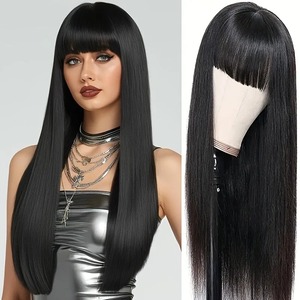 Perruque synthétique noire droite de 26 pouces avec frange, bonnet ajustable, haute densité, aspect naturel, résistante à la chaleur, pour usage quotidien et musique - Product Image 2