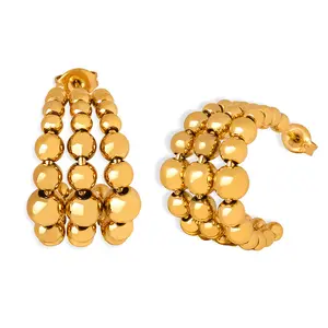 Waterproof Trendy Three Layer Beaded 18k Gold Plated Beaded Shape Stud Earring Tarnish Free Stainless Steel Earring Women