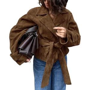 Custom 2026 Brown <b>Suede</b> Jacket <b>Women</b> Wrap Tie Full Sleeve Winter Outwear Windproof <b>Coat</b> - Product Image 2