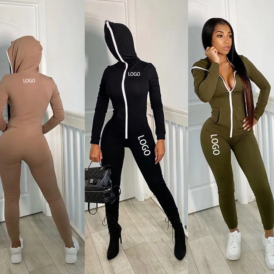 2021 New Style Women Solid Color One Piece Jumpsuit Ladies Zipper Front Long Sleeve Fitness Rompers Playsuits Plus Size Bodysuit