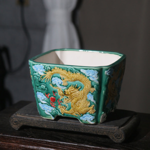 Square <b>Ceramic</b> Bonsai <b>Pot</b> With Dragon Relief Carving Traditional Chinese Style Green Yellow Decorative Plant Container - Product Image 4