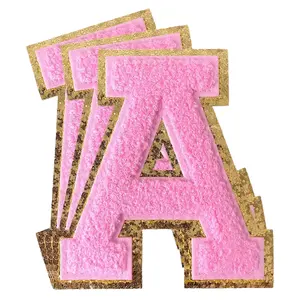 Parches autoadhesivos con letras de chenilla Rosa Varsity Glitters, parches personalizados con letras de chenilla para ropa