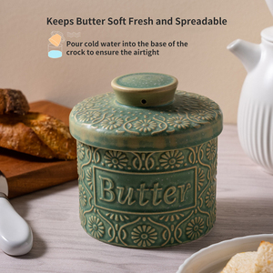 Nouvelle arrivée : Beurrier en céramique émaillée au four de style chinois vintage avec couvercle, récipient de rangement pour beurre gaufré pour la cuisine domestique - Product Image 2