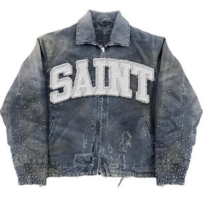 Peso massimo personalizzato 3d ricamo Applique lettera con acido e lavaggio in Denim girocollo uomo Private Label Jeans Y2k giacca - Product Image 6