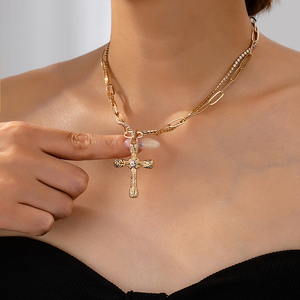 Collar con Colgante de Cruz de <span class=keywords><strong>Doble</strong></span> Capa Chapado en Oro, Clásico y Moderno 2024, para Mujeres y Niñas, <span class=keywords><strong>Cadena</strong></span> de Aleación, Joyería de Regalo - Product Image 2