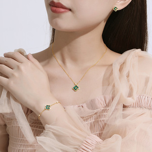 Custom <span class=keywords><strong>Collier</strong></span> 925 nastro gioielli placcato <span class=keywords><strong>oro</strong></span> braccialetto Malachite portafortuna collana di trifoglio set di gioielli per le donne ragazze - Product Image 2