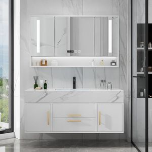 Conjunto de Armário de Banheiro com Lavabo de Cerâmica Sem Costura em Laje de Rocha, Armário Personalizado em Madeira Sólida Multi-camadas para Uso Doméstico - Product Image 1