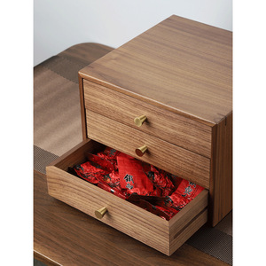 Black Walnut Wood Multi Drawer Storage Box <b>Rectangle</b> Standing Type Office Desktop Organizer Solid Color 3 Drawers - Product Image 3