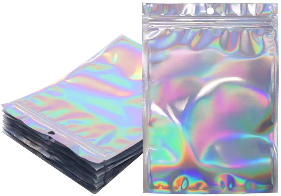 Custom Product Picture Resealable Smell Proof Holographic Rainbow Color Zipper Lock Plastic Packing Foil Bags